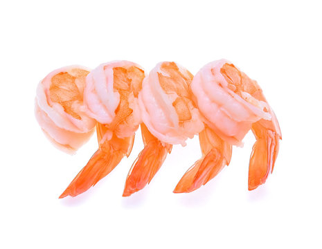 Cooked shrimps on white background.