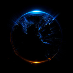 A stylized image of a planet Earth. 3d rendering. city light map. Abstract lights of technology. Abstract ring background with luminous cities. Space for message. Maps from NASA imagery