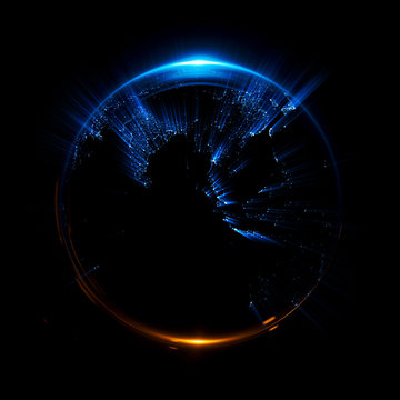 A stylized image of a planet Earth. 3d rendering. city light map. Abstract lights of technology. Abstract ring background with luminous cities. Space for message. Maps from NASA imagery