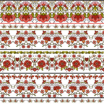 Seamless pattern with white and black stripes and medieval floral pattern