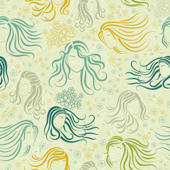 Girls silhouette and flowers seamless pattern. Vector illustration