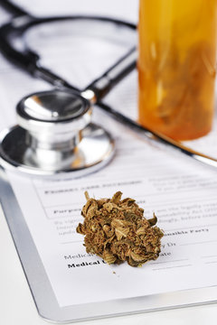 medical marijuana and a stethoscope in a doctor's office