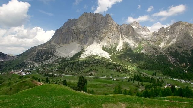 AERIAL VIEW: flight over Passo Falzarego. Italian Dolomites alps