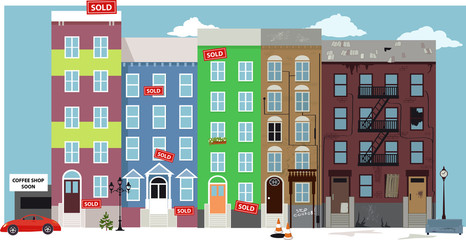 Urban street view with renovated condo developments supersede old deteriorated neighborhood in a process of gentrification, EPS 8 vector illustration