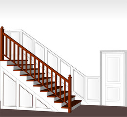 Staircase wooden with white panels and the door closed. Ladder 3d Sample side view. Model room. Vector illustration.