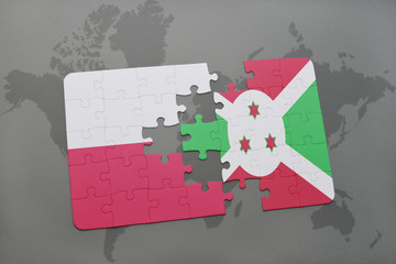 puzzle with the national flag of poland and burundi on a world map background. 3D illustration