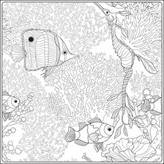 Obraz premium Pattern with decorative corals and sea or aquarium fish. Anti stress coloring book for adult. Outline drawing coloring page.