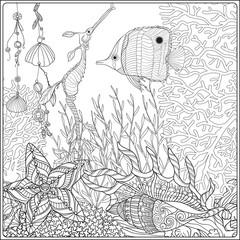 Naklejka premium Coral reef collection. Anti stress coloring book for adult and. Outline drawing coloring page.