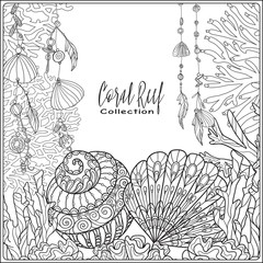 Coral reef collection. Anti stress coloring book for adult and. Outline drawing coloring page.