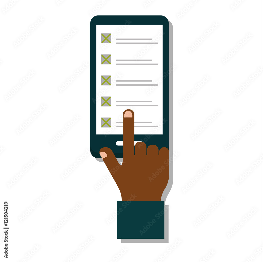 Poster touch screen mobile phone in hand media vector information. communication display message hand with 
