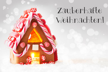 Gingerbread House, Silver Background, Frohe Weihnachten Means Merry Christmas