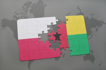 puzzle with the national flag of poland and guinea bissau on a world map background. 3D illustration