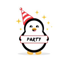 Penguin party vector illustration. Penguin celebration. Cute cartoon character. Arctic animal. Flat vector design on white background.