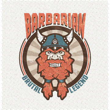 Logo with a head of bearded barbarian in a horned helmet. Viking mascot sports team in old school retro style. Background, texture, sign and text on separate layers.