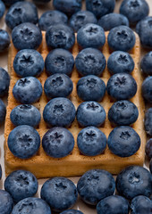 Blueberries on top of sweet waffle on plate closeup