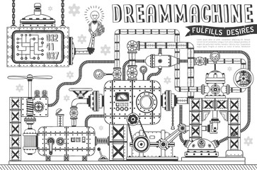 Fantastic machine in doodle style. Steampunk apparatus for fulfillment of desires.