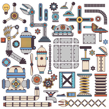 Colored machinery components and spare parts with a stroke in doodle style.