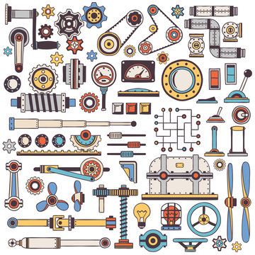 doodle parts of machinery and mechanisms in color. Handmade. Create a steampunk machine.