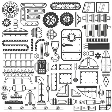 Compilation of machinery parts, parts of device or machines drawing in doodle style handmade.