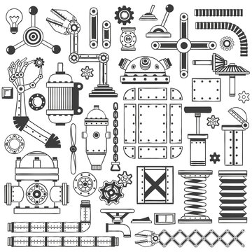 Spare parts collection to create machines, robots, devices. Handmade in doodle style.
