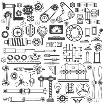 Set of industrial machine parts in doodle style. Suitable for construction machinery.