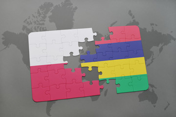 puzzle with the national flag of poland and mauritius on a world map background. 3D illustration