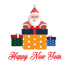 Santa Claus vector illustration with three gift box and red text Merry Christmas on white background for postcard or getting card.
