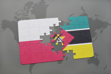 puzzle with the national flag of poland and mozambique on a world map background. 3D illustration