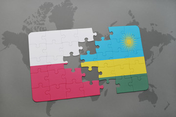 puzzle with the national flag of poland and rwanda on a world map background. 3D illustration