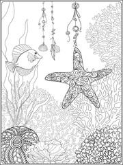 Fototapeta premium Coral reef collection.Anti stress coloring book for adult and. Outline drawing coloring page.