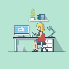 Linear Flat Business woman working office break interior vector