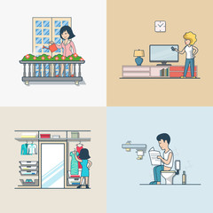 Linear Flat Casual life Woman man room interior exterior vector