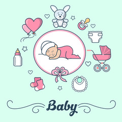 Linear Flat Girl sleep cloud Newborn Baby vector illustration.