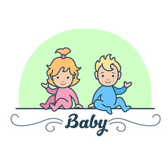 Linear Flat Boy and Girl Twins Newborn Baby vector illustration.
