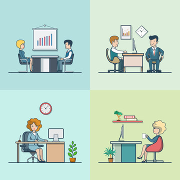 Linear Flat Business people working office rooms interior vector