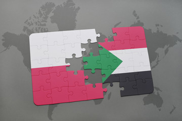 puzzle with the national flag of poland and sudan on a world map background. 3D illustration