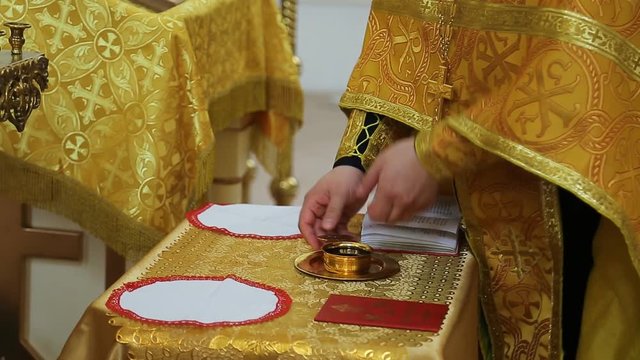 Close up view of wedding altar in orthodox church.