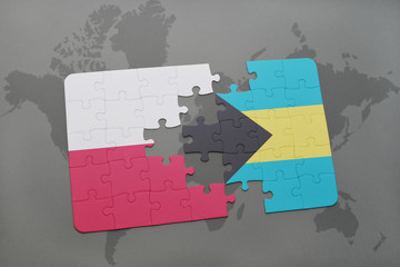 puzzle with the national flag of poland and bahamas on a world map background. 3D illustration