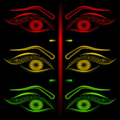 Mysterious female gaze. Traffic light network of red, yellow, green eyes.
