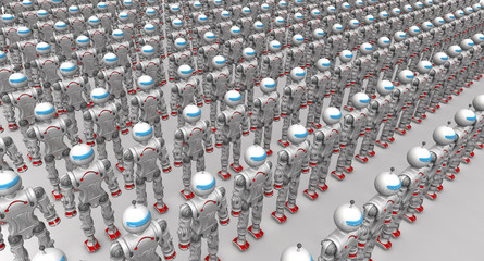Humanoid robots standing in a row on a white surface