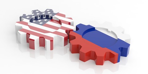 Gears with Russia and USA flags. 3d illustration