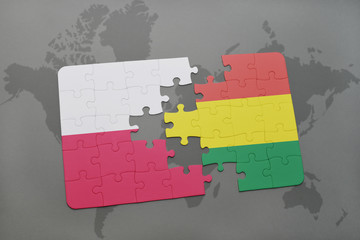 puzzle with the national flag of poland and bolivia on a world map background. 3D illustration