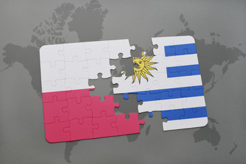 puzzle with the national flag of poland and uruguay on a world map background. 3D illustration