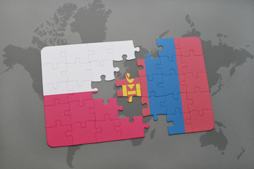 puzzle with the national flag of poland and mongolia on a world map background. 3D illustration