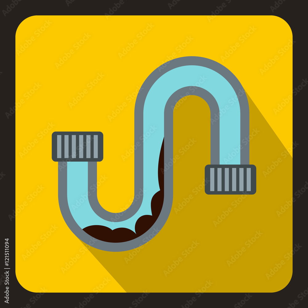 Poster clog in the pipe icon in flat style on a yellow background vector illustration