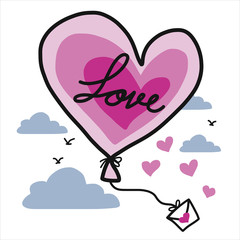 Pink heart balloon and love letter cartoon illustration