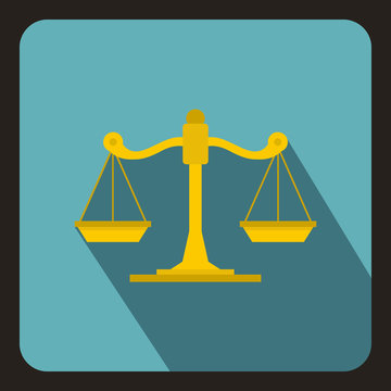 Scales of justice icon in flat style on a baby blue background vector illustration