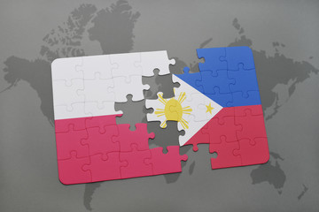 puzzle with the national flag of poland and philippines on a world map background. 3D illustration