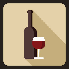 Red wine and glass icon in flat style with long shadow. Drink symbol vector illustration
