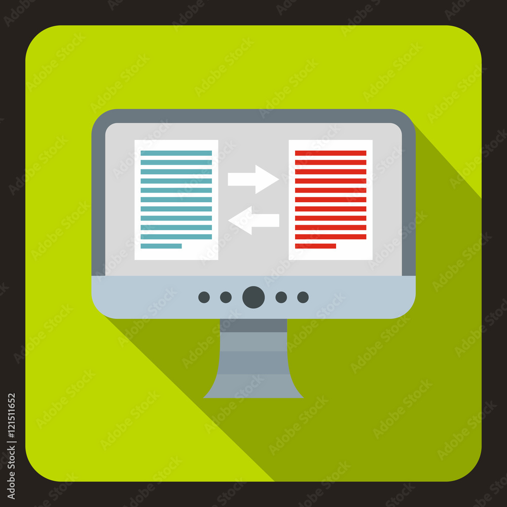 Poster translation of text on computer icon in flat style with long shadow. translate symbol vector illustr